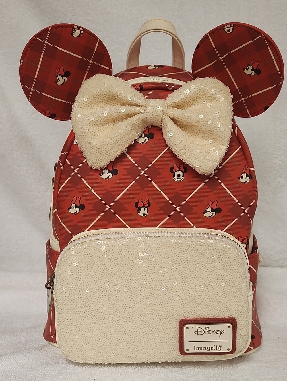 Loungefly Red Plaid Minnie Mouse Sequin Bow Mini Backpack